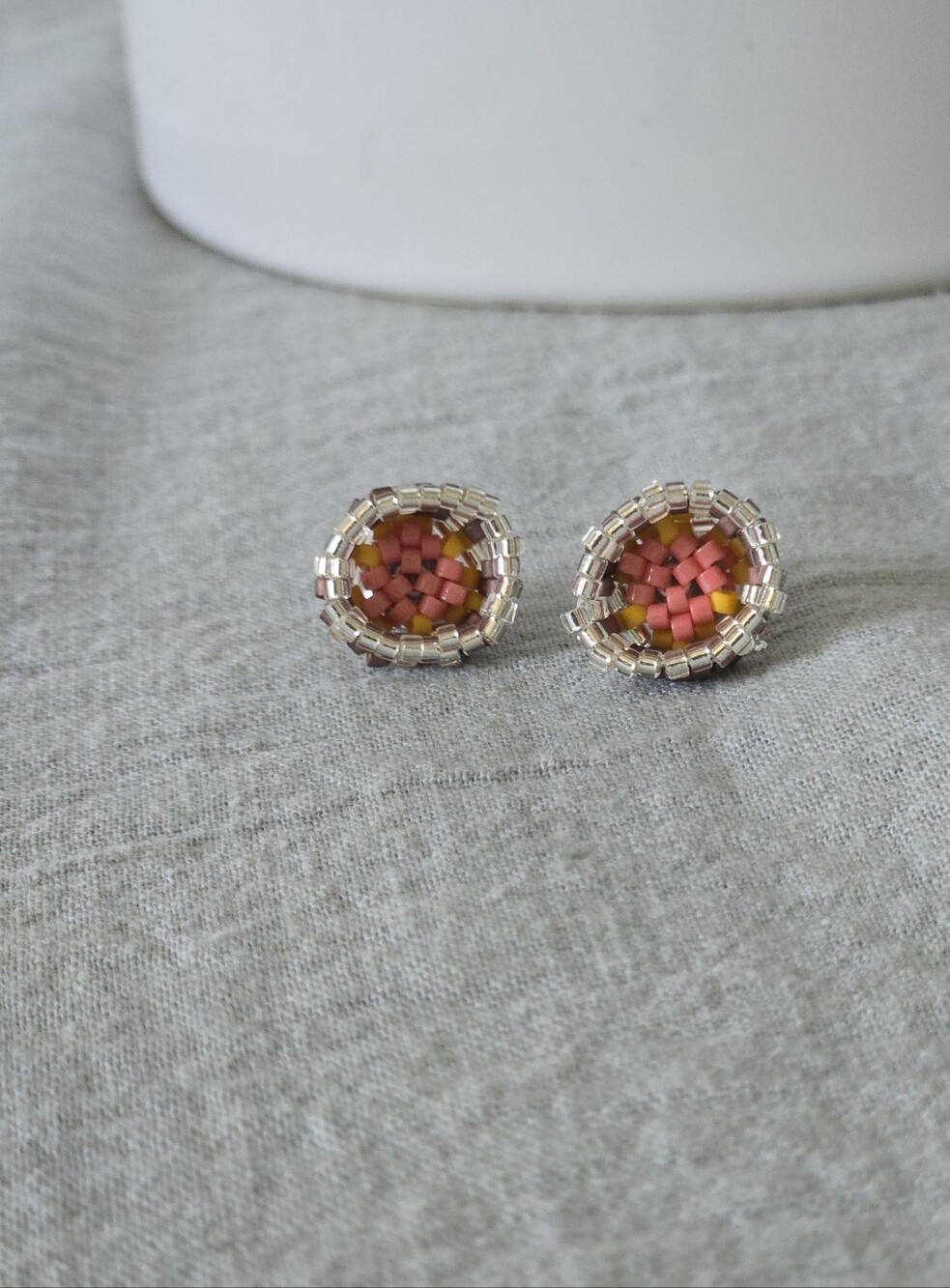 New Handmade Pink & Yellow Beaded Stud Earrings - Picture 6 of 7